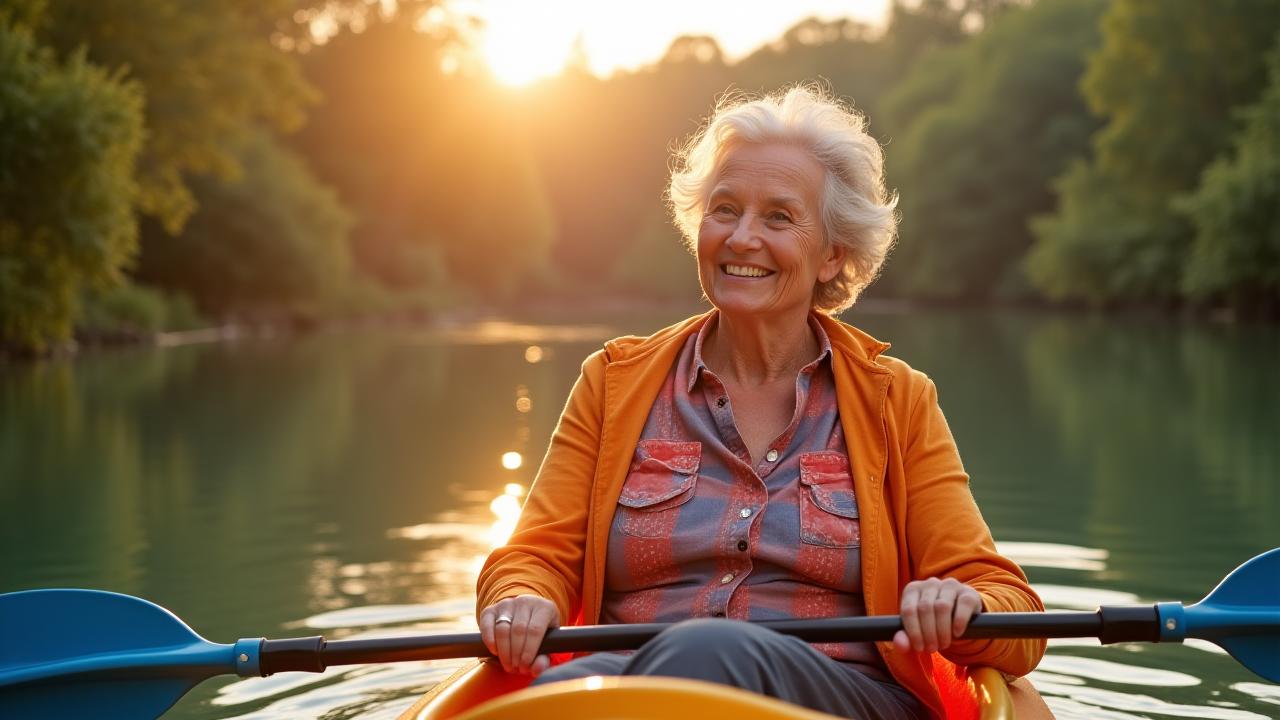 Vibrant senior woman kayaking on a serene lake, reflecting vitality and active longevity with Sage Compass