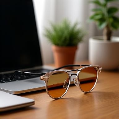 Stylish blue-light blocking glasses on a desk.