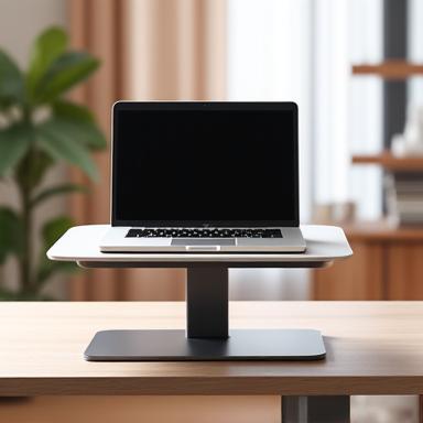 Ergonomic standing desk converter in an office setup.