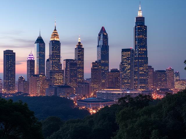 Modern Atlanta skyline at dusk, with city lights beginning to glow.