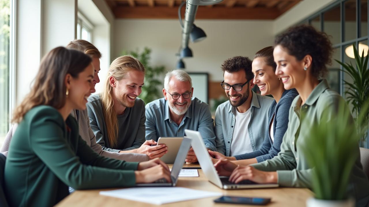 Diverse team of professionals in a modern, well-lit office collaborating and looking engaged.